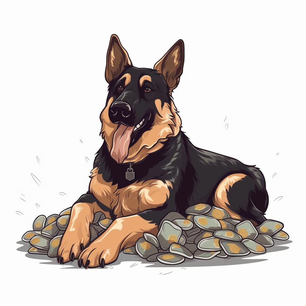 German shepherd cartoon money pile