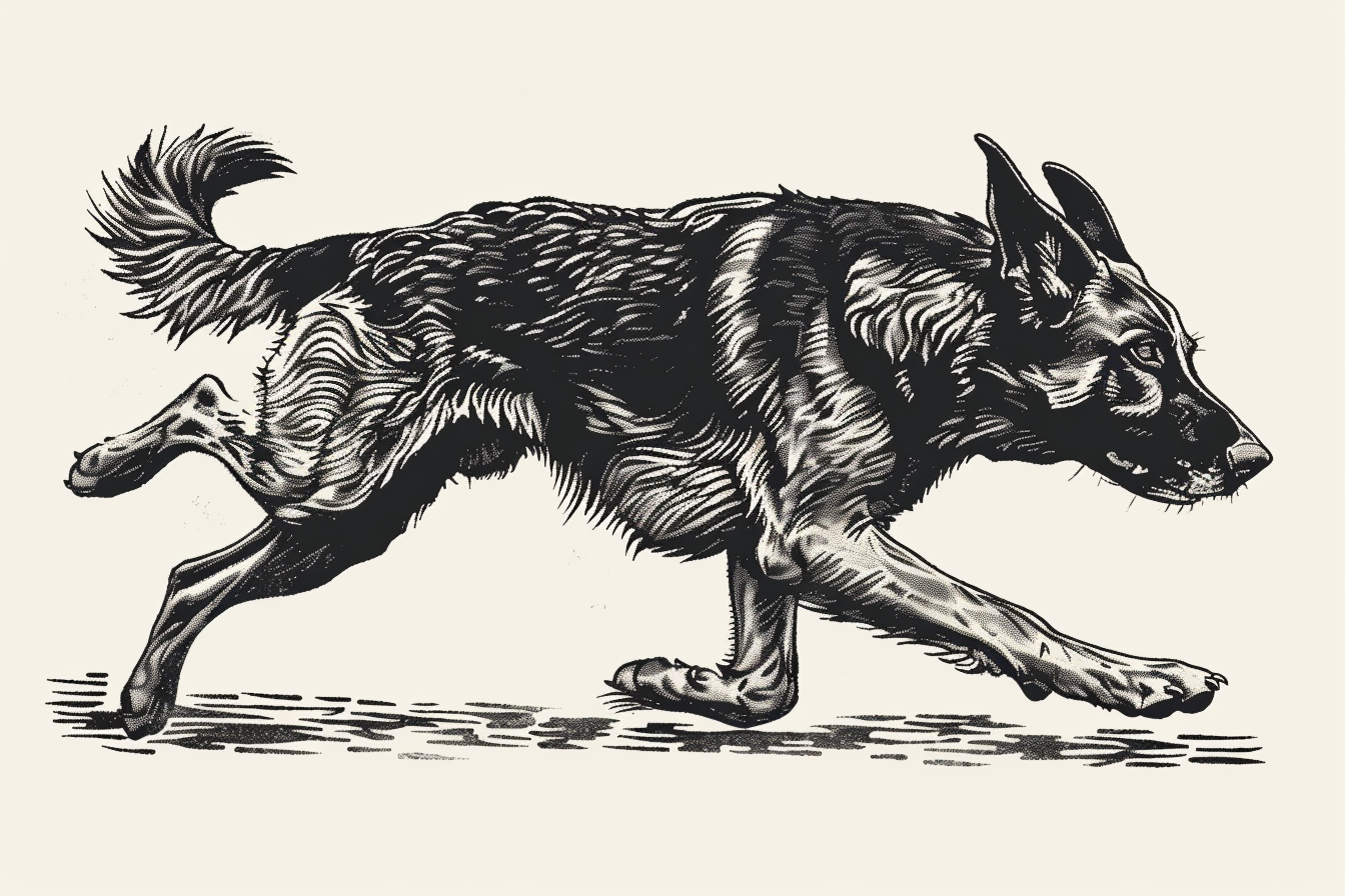 German Shepherd running woodcut style