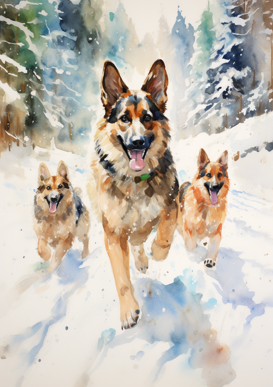 German Shepherds playing in winter wonderland