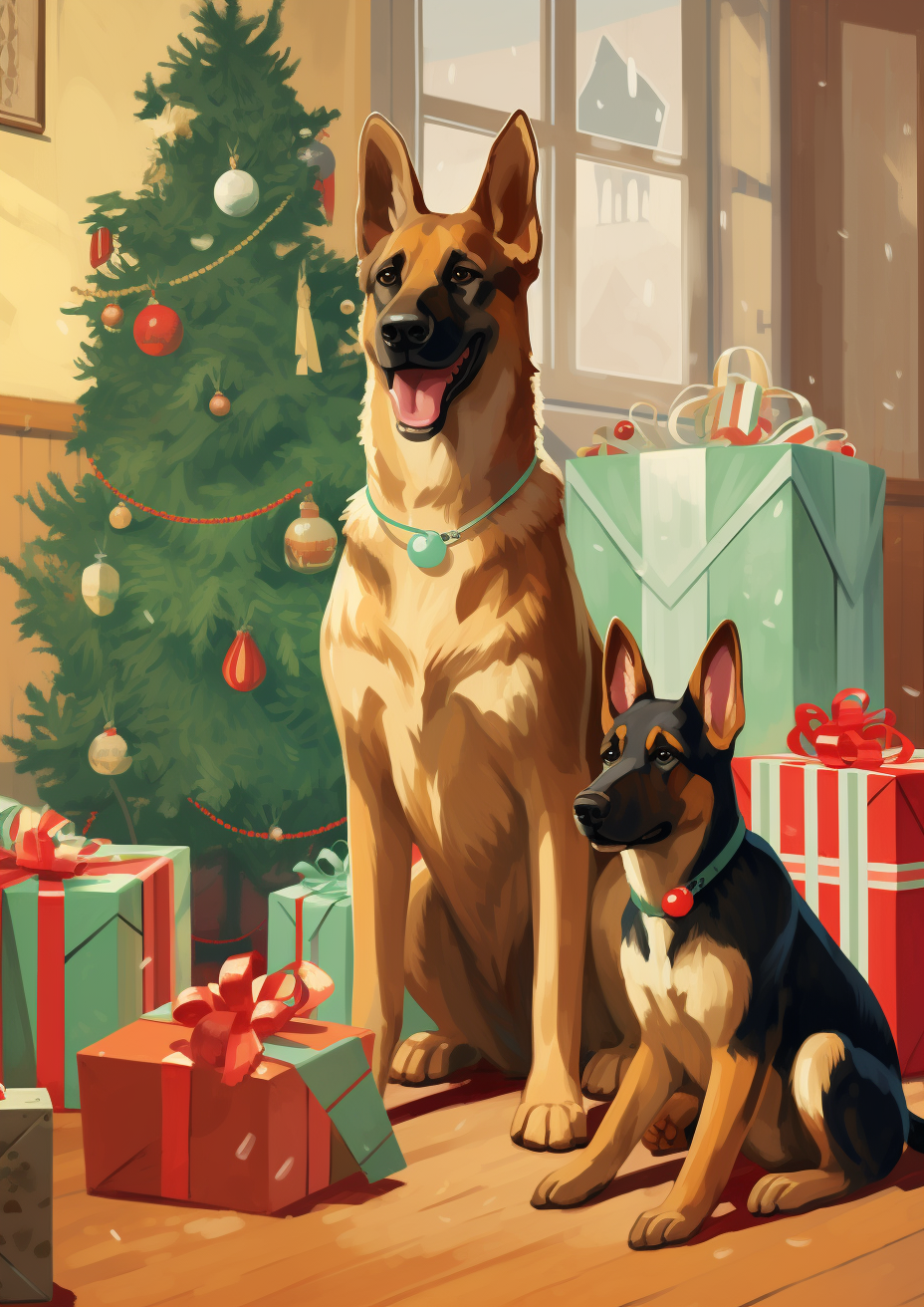 German Shepherds by the Christmas Tree