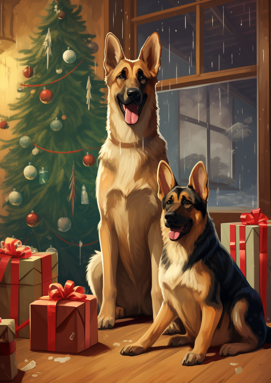 German Shepherds near Christmas Tree