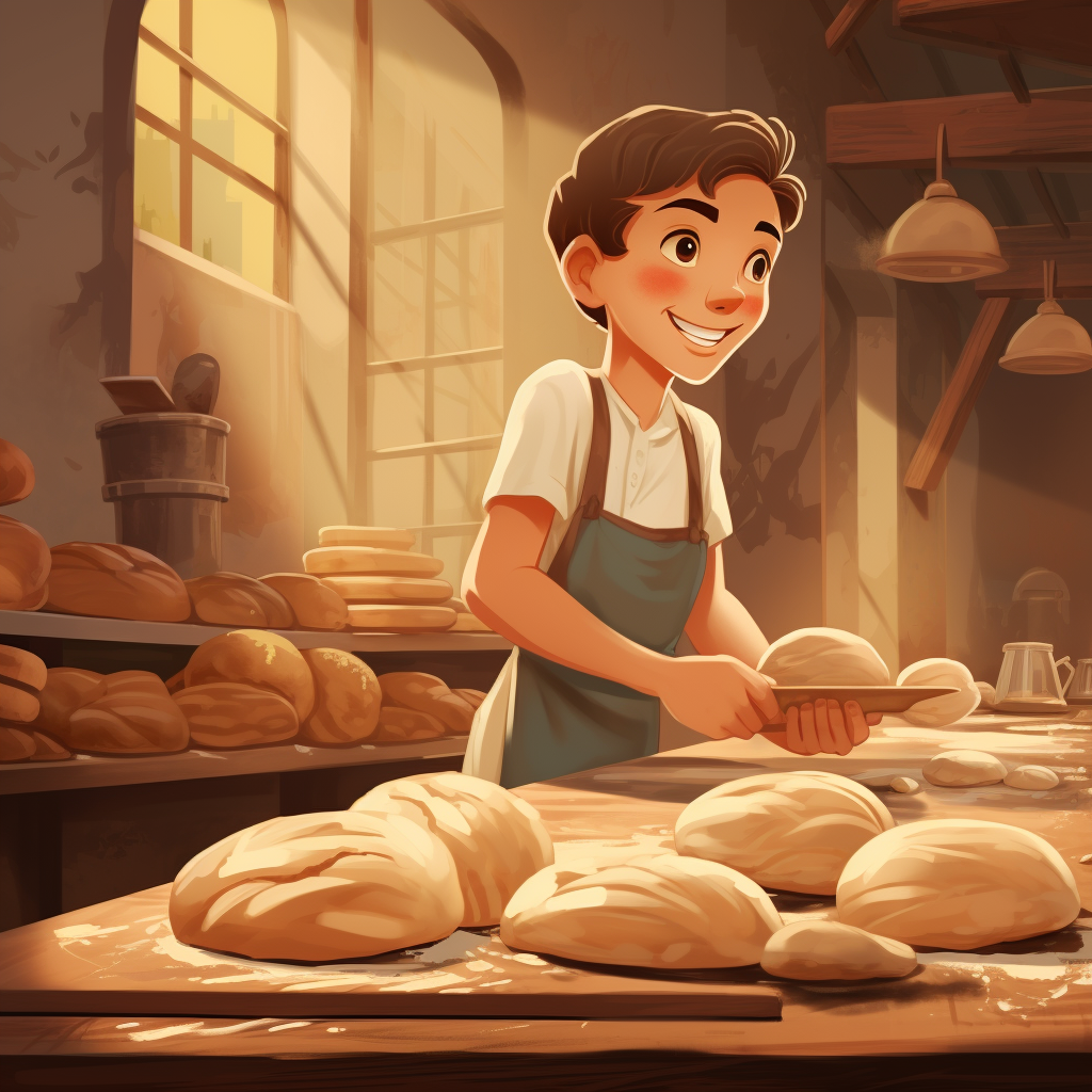 Boy kneading dough in bakery