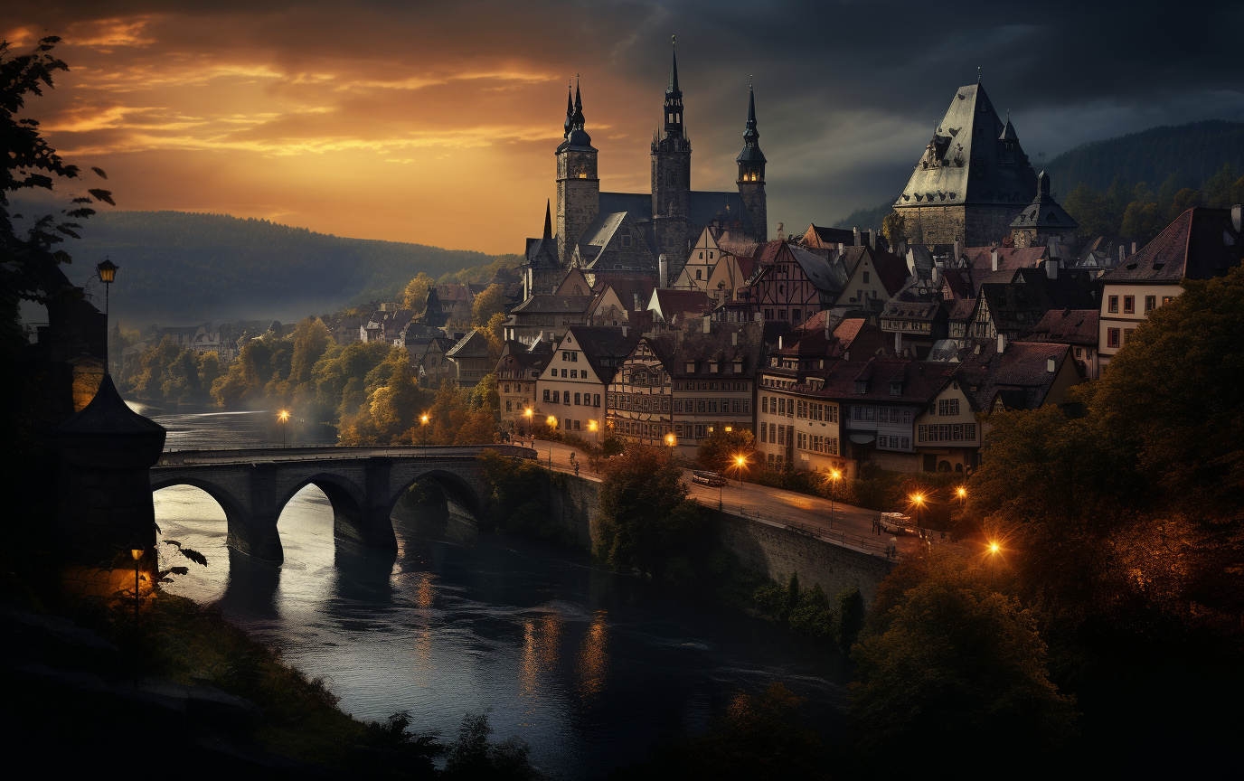 German town bridge at dusk surrounded by fairytale-inspired landscape