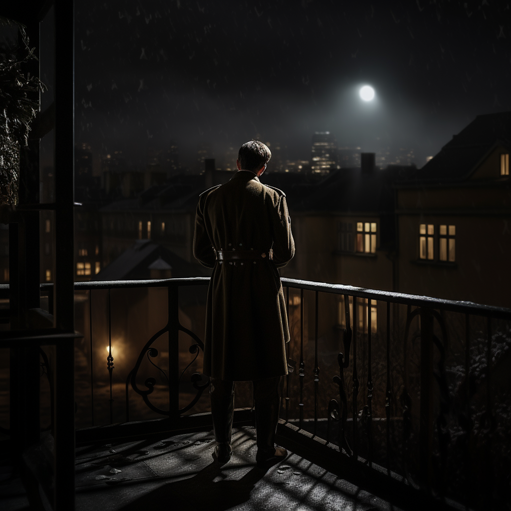 German WW2 officer on balcony at night