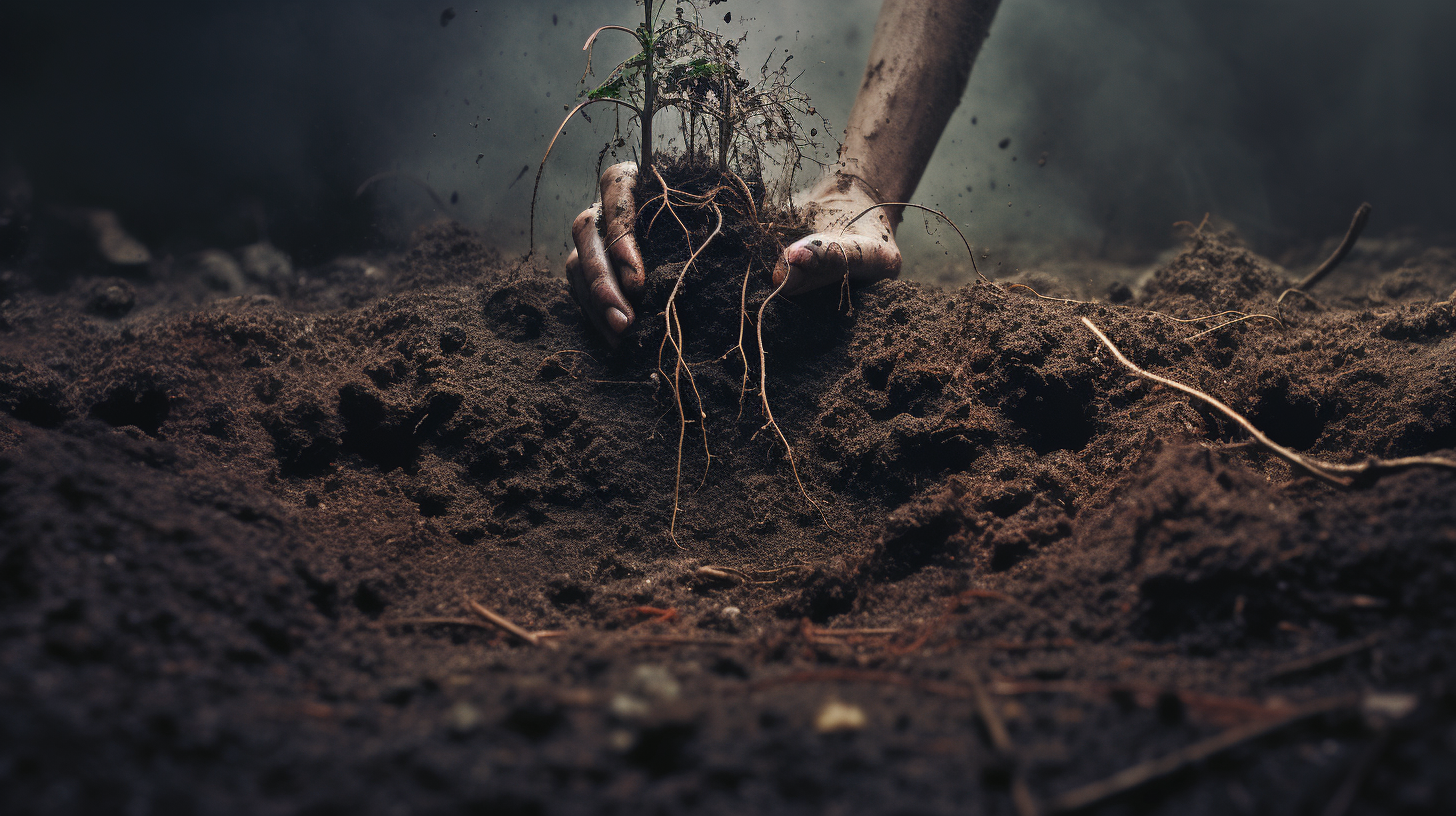 Conceptual image of germinating seed underground with roots