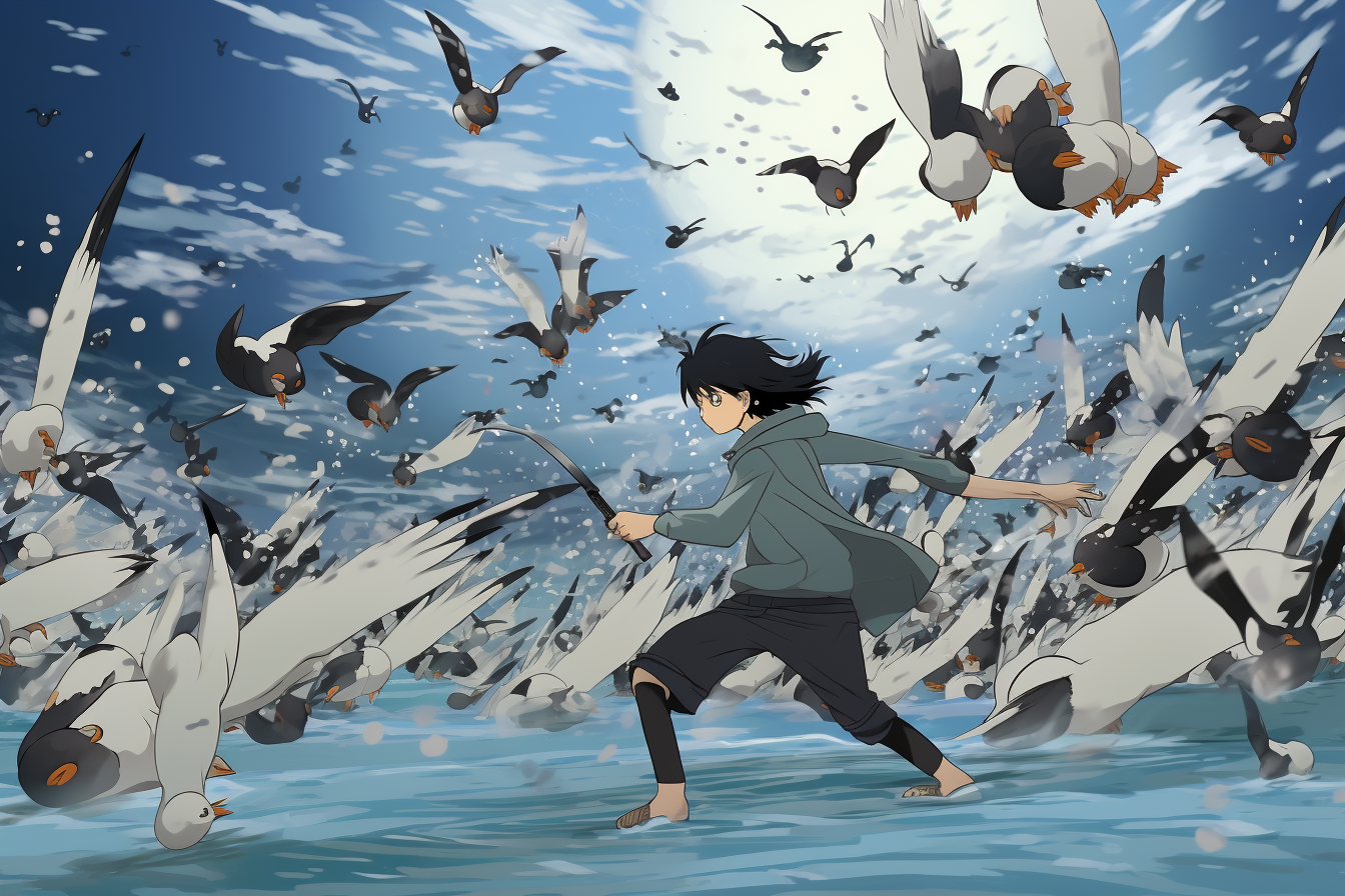 Ghibli anime character defeating penguin in battle