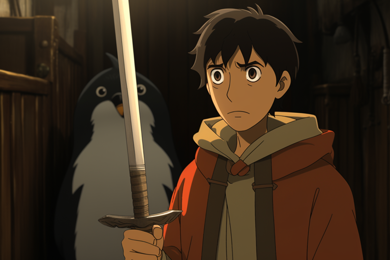 Studio Ghibli Anime: Character with Sword and Penguin