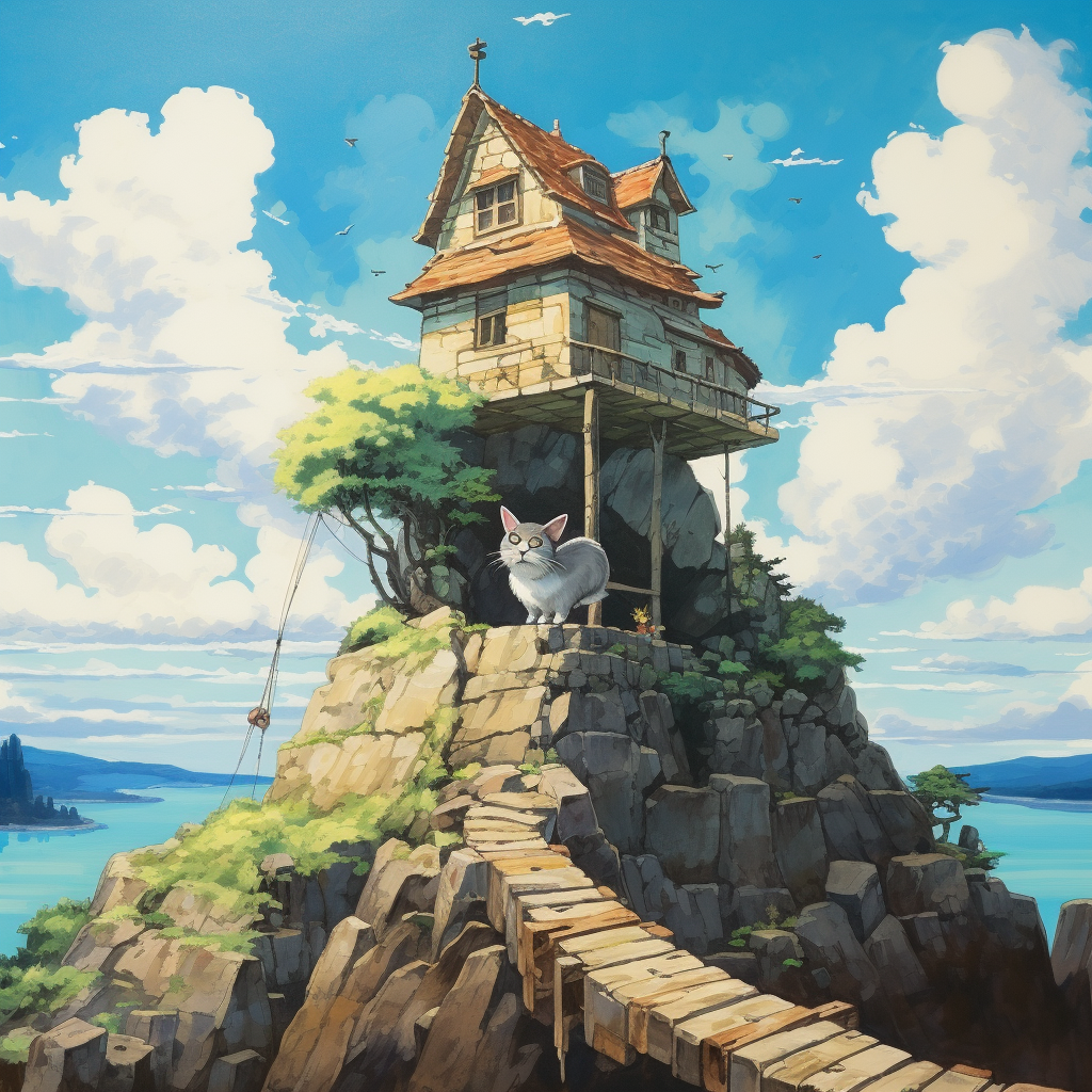 Ghibli Style Flying House Cat Rock