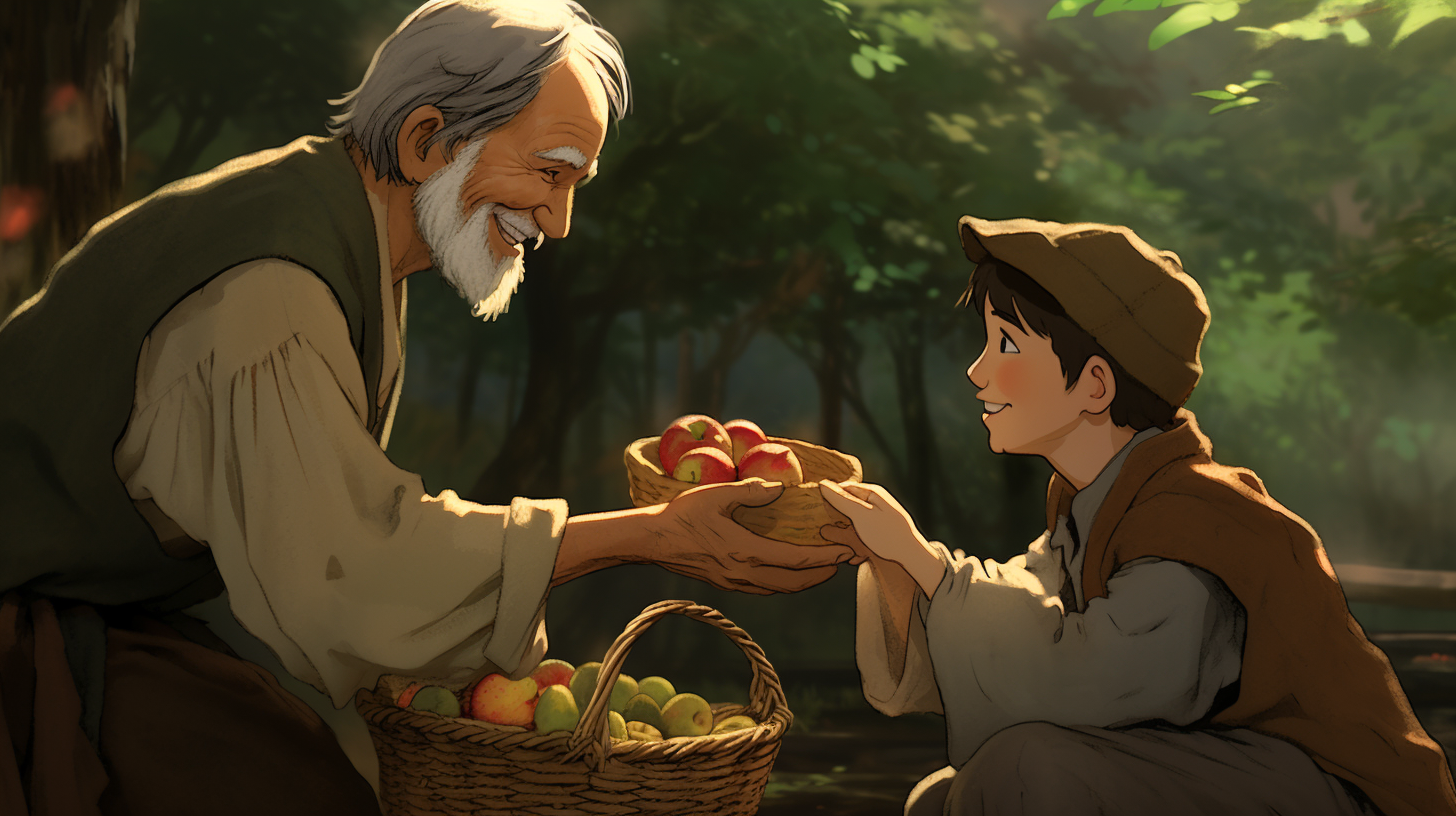 Grateful old man receiving apples