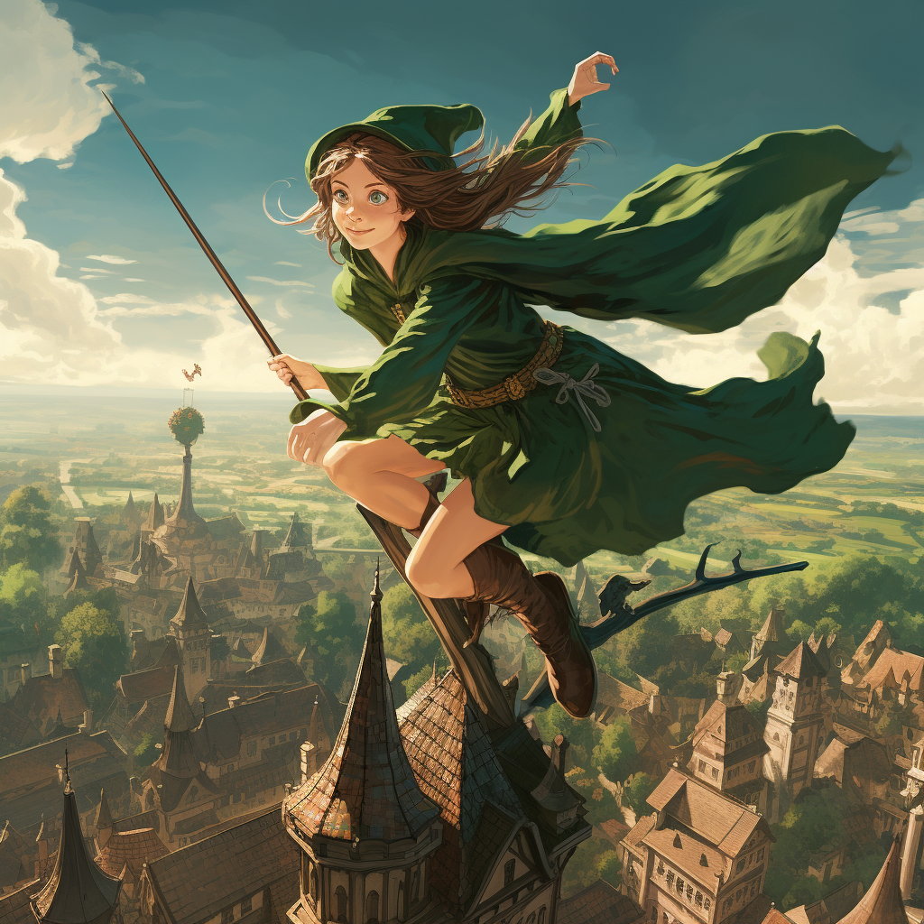 Green-Elf Teen Witch Riding Broom over Medieval City