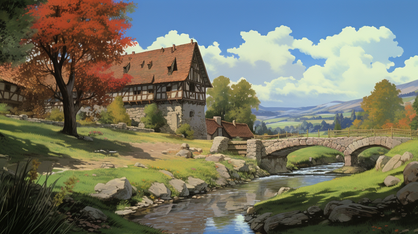 Beautiful autumn village scenery in Ghibli anime