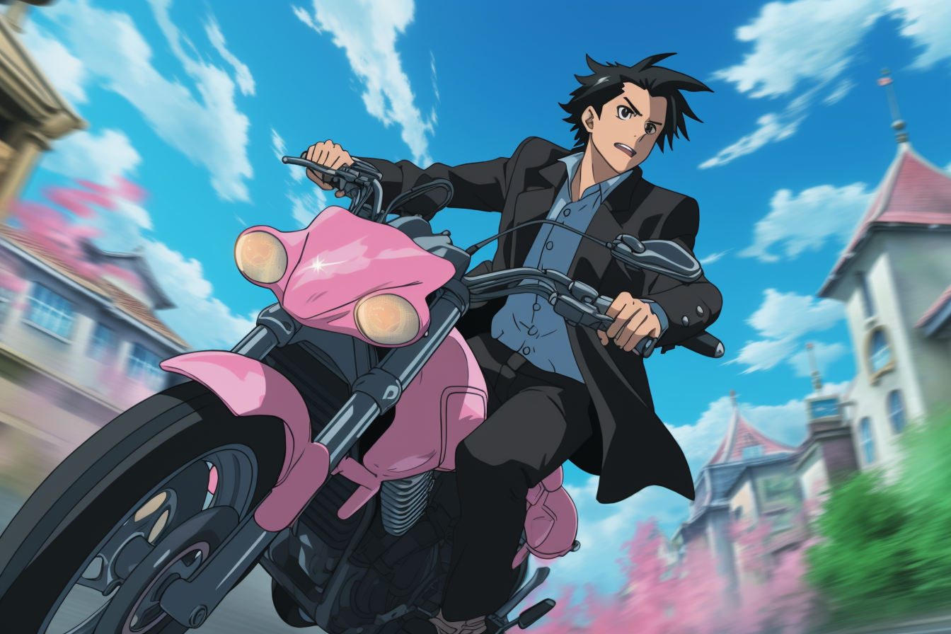 Studio Ghibli anime character riding motorcycle