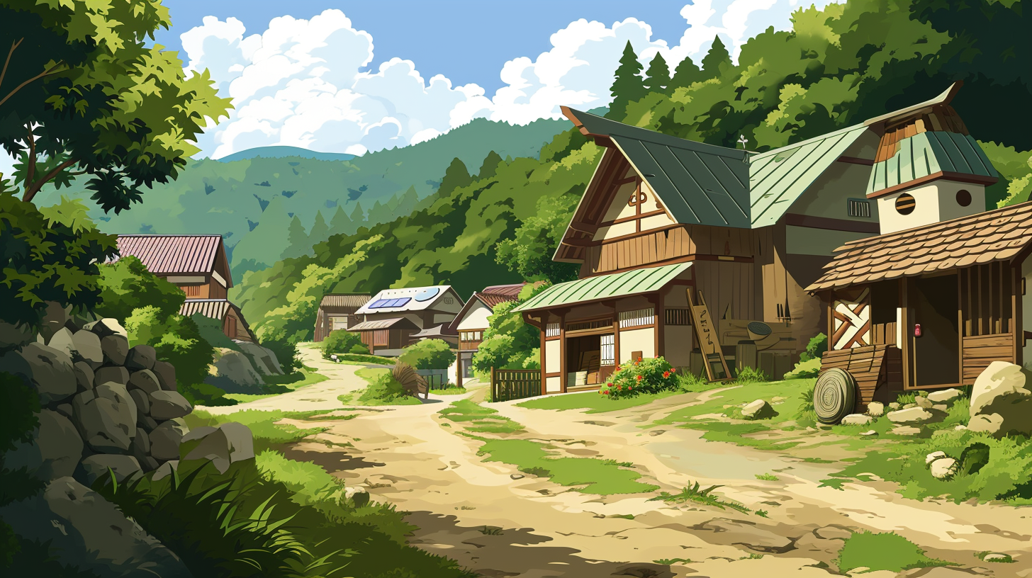 Peaceful village scenery from Ghibli anime