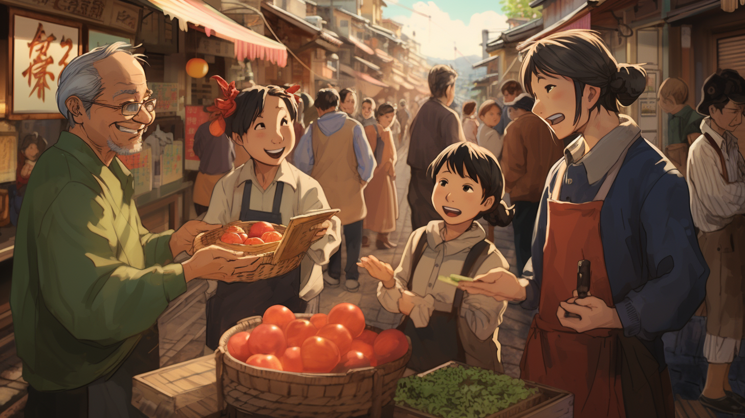 Customers buying apples at Ghibli Studio