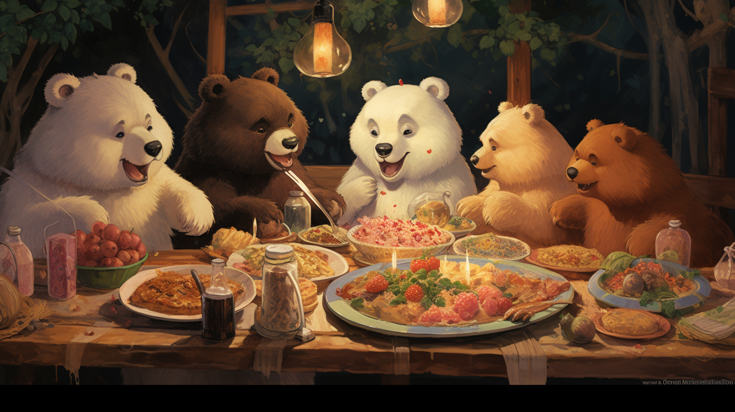 Hungry bears devouring scrumptious food