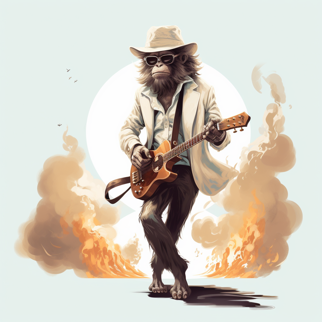 Monkey rockstar in stylish clothes playing guitar