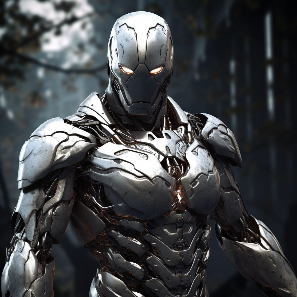 Silver armored superhero in apocalyptic setting