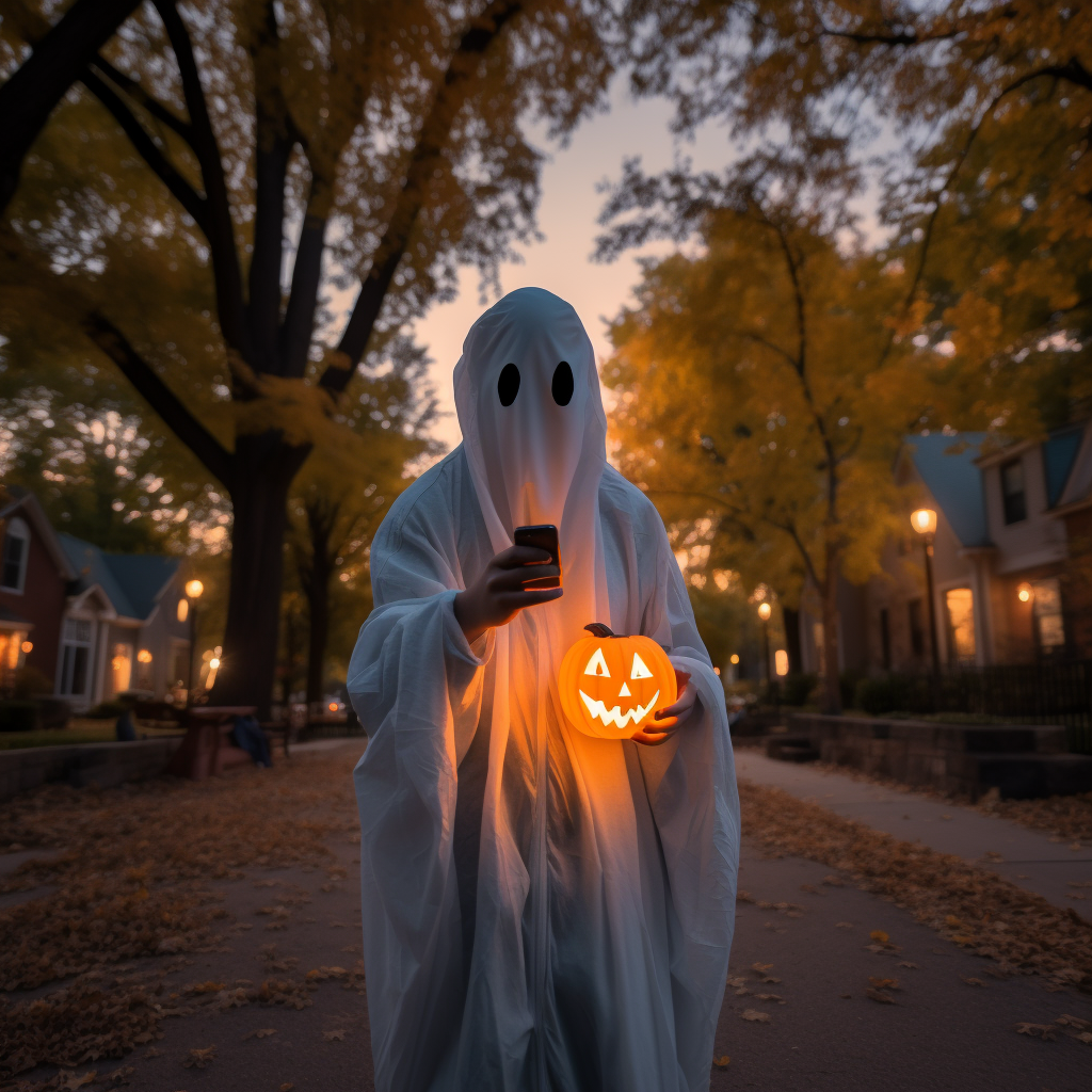 Teen in Ghost Costume with Pumpkin