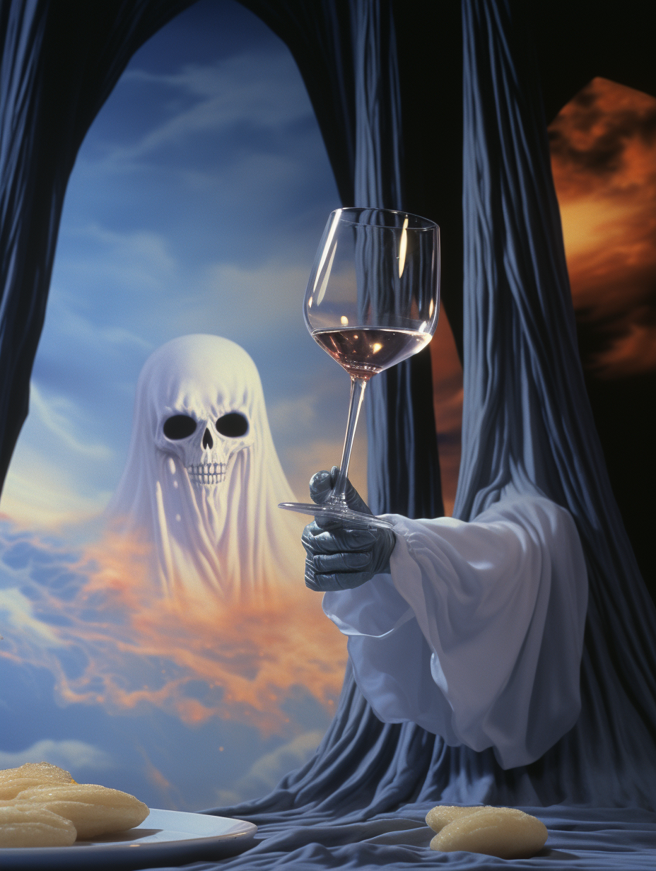 Ghost drinking wine in surreal background