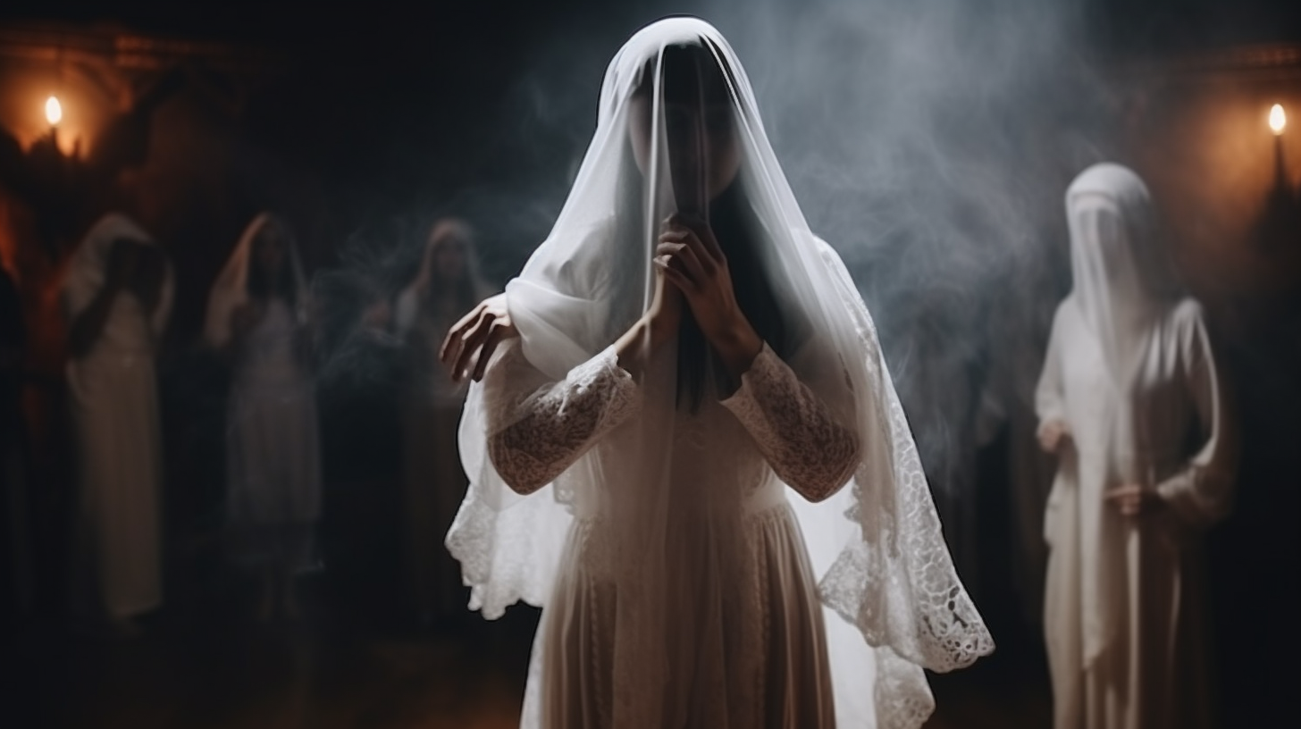 Ghostly Female Dancer in White Dress at Cult Ceremony