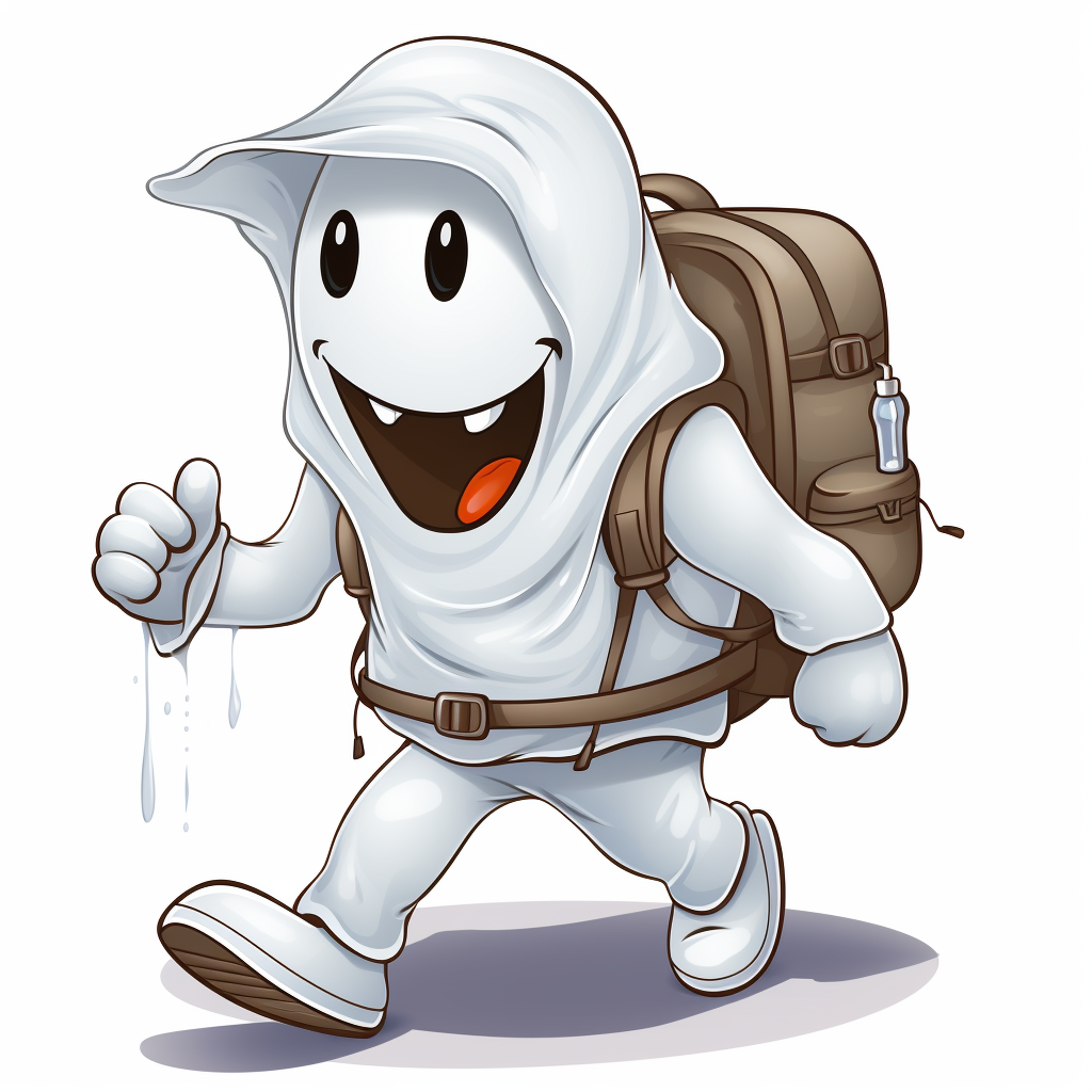 White ghost hiking with hat and backpack