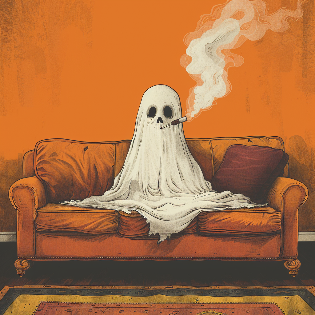 Ghost smoking blunt on orange couch