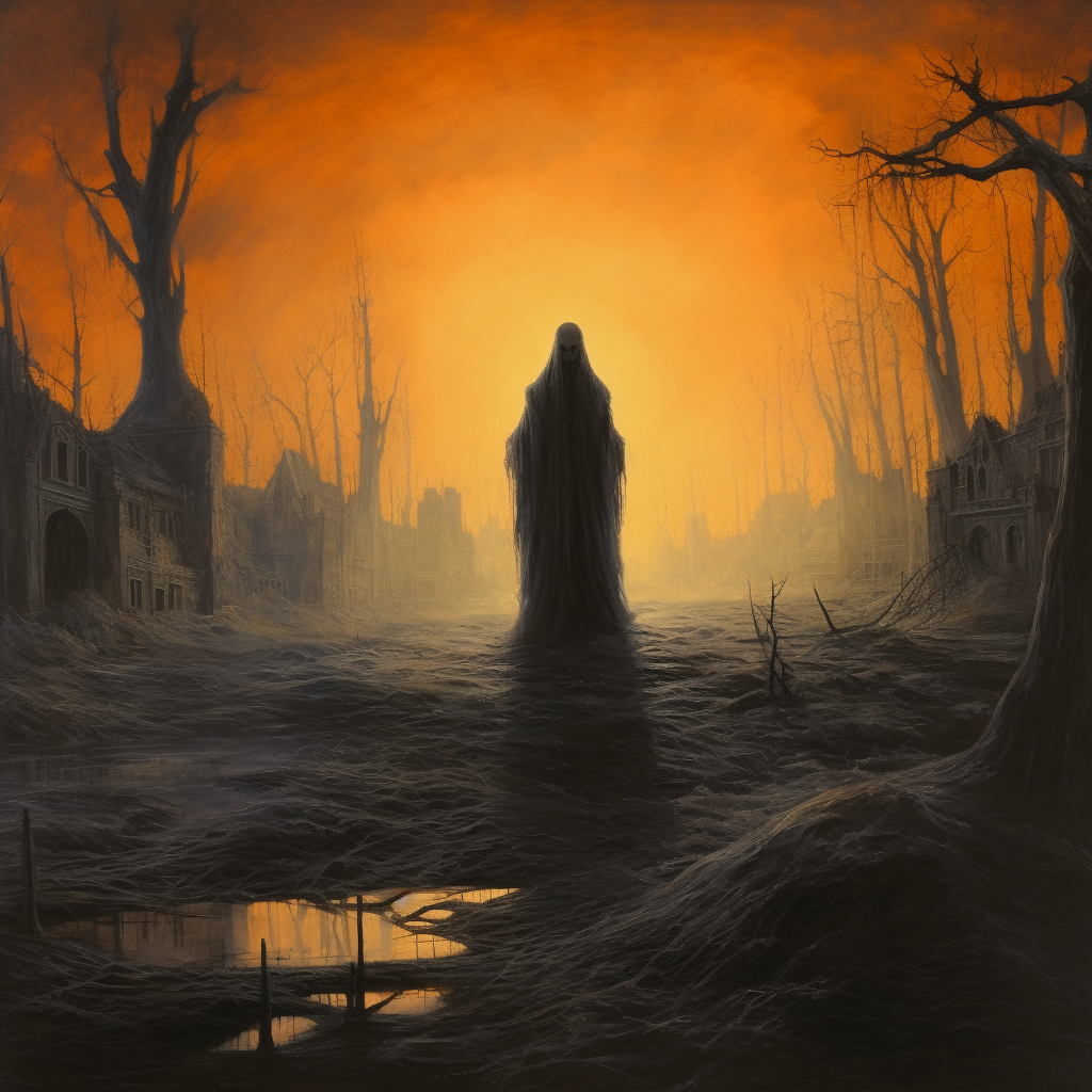 Spooky ghost on graveyard in Beksiński style