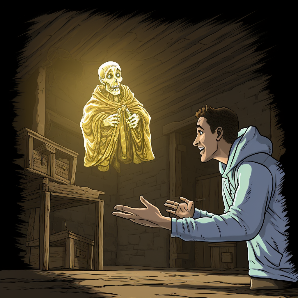 Ghost giving man a gold coin in castle cellar