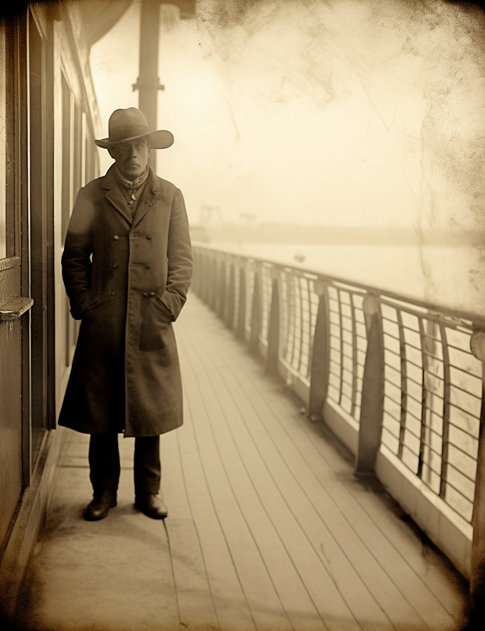 Sepia portrait of ghost passenger on 1920s promenade deck