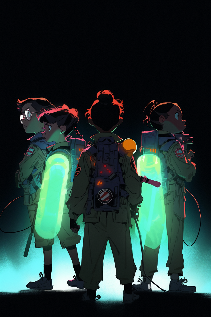 Four ghostbuster kids with long shadows