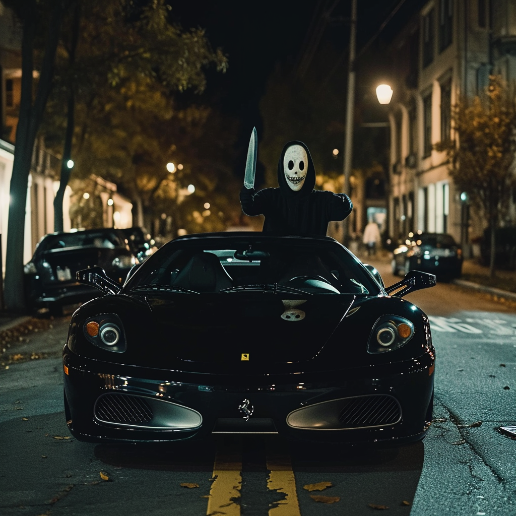 Ghostface holding knife at night on black Ferrari