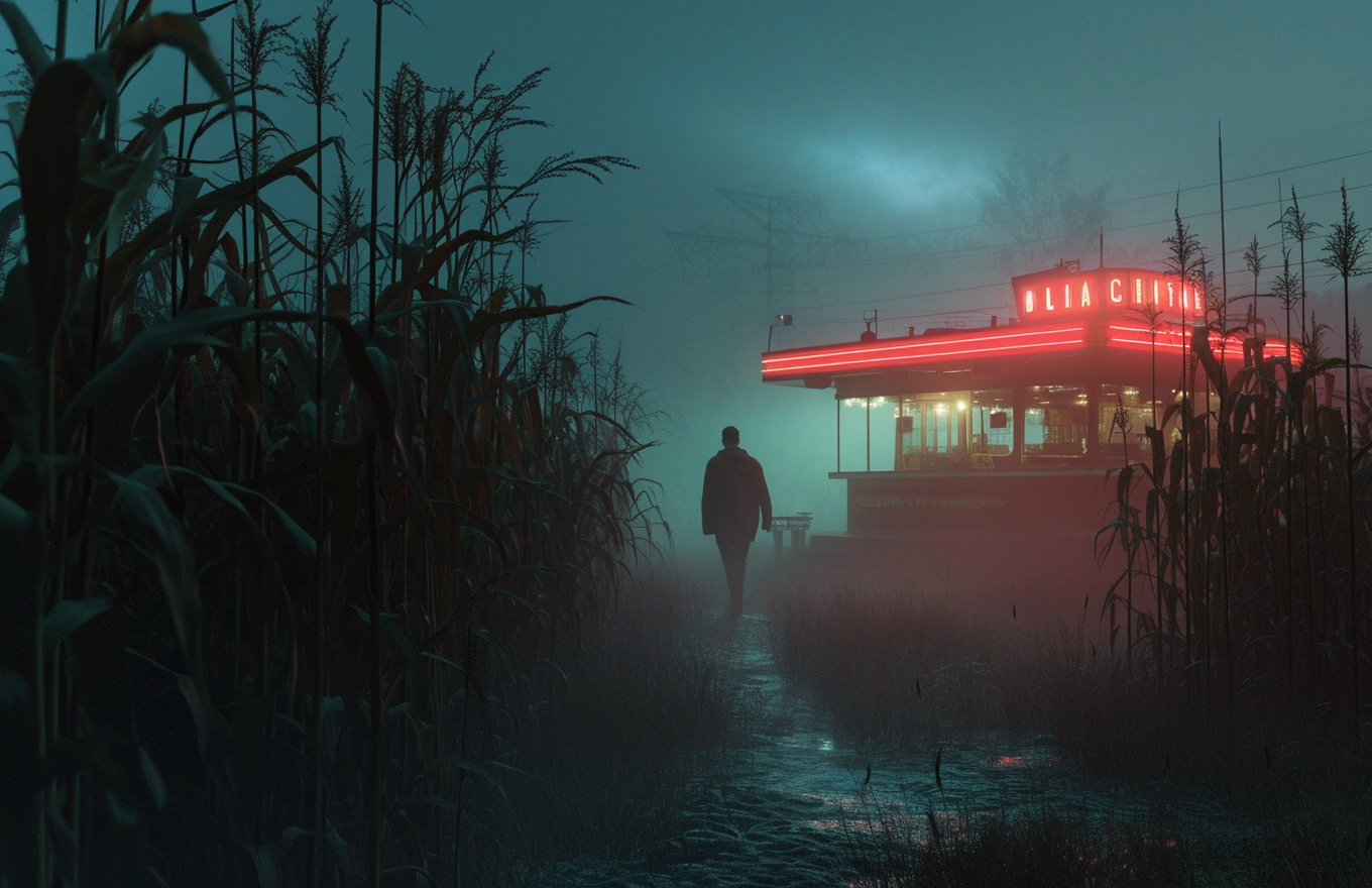 Ghostly 1950s Diner in Corn Field