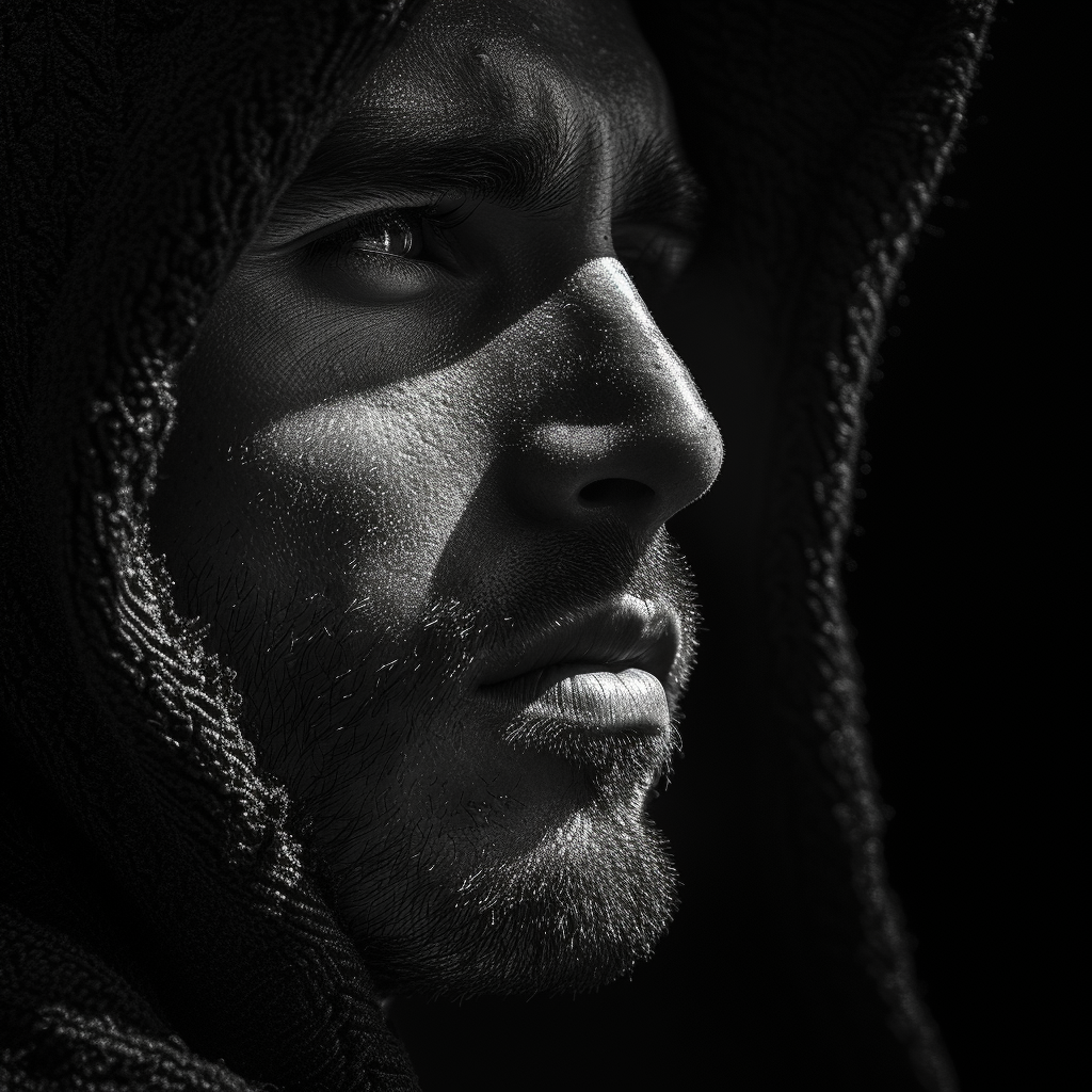 Black and white portrait man with hood