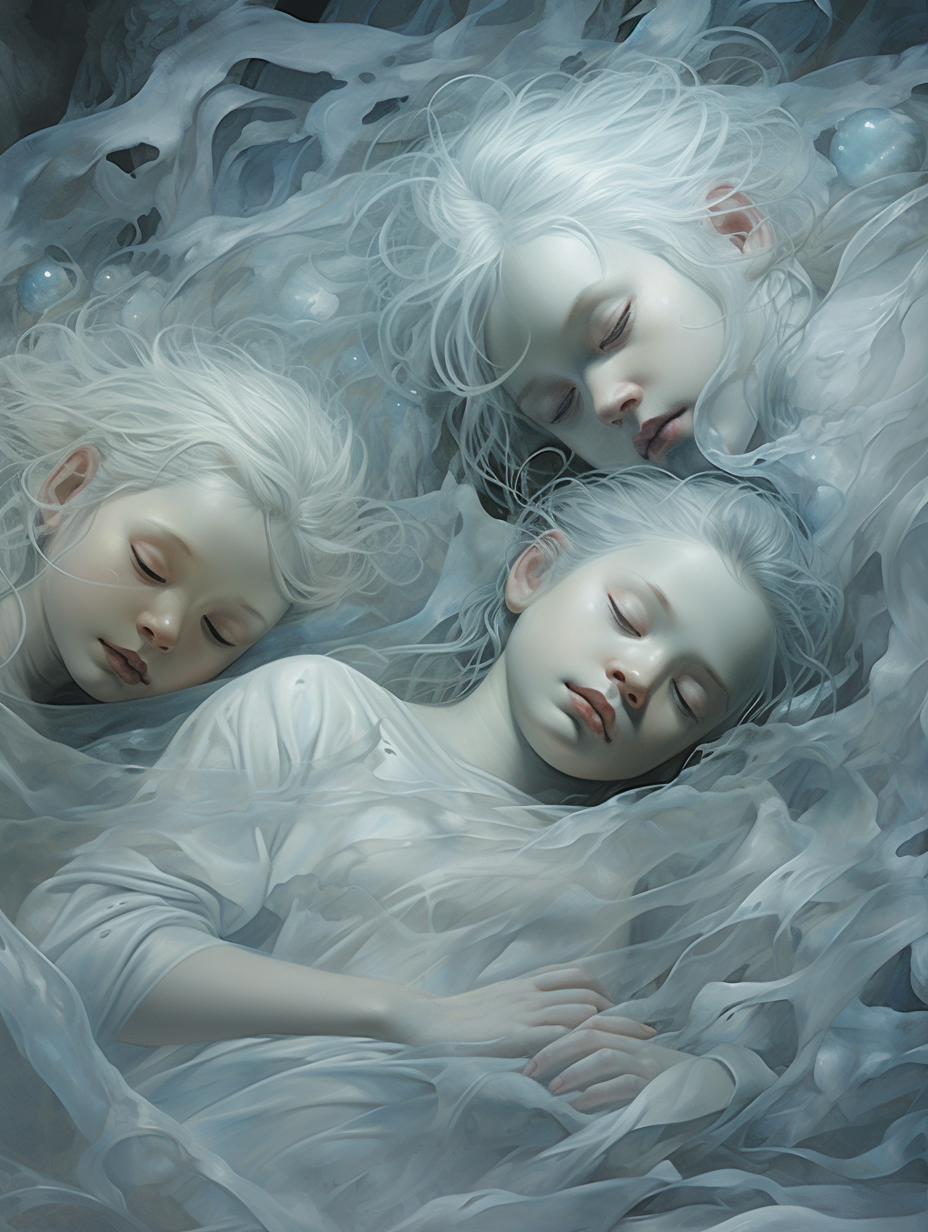 Ghostly children with cyan faces and flowing threads