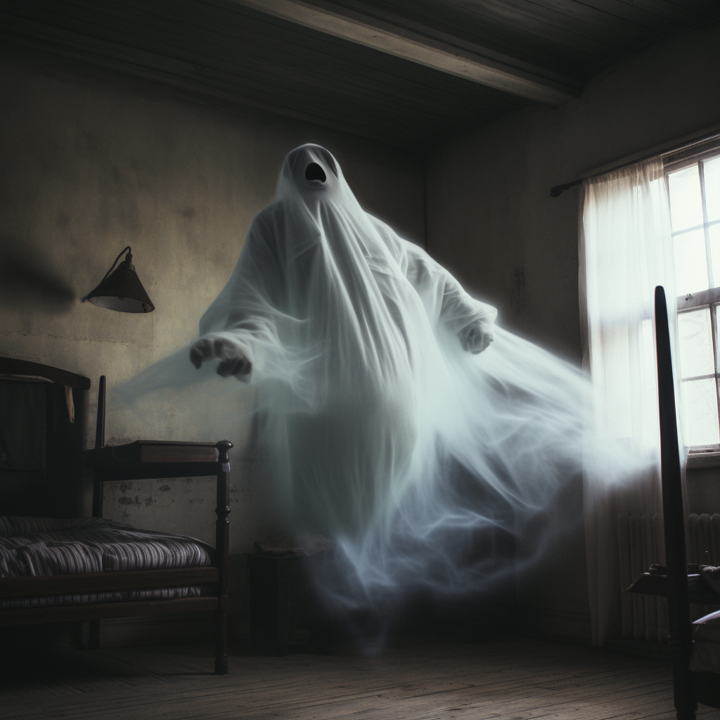 Ghostly figure rising from man on bed