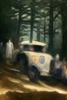 Ethereal glowing police car in spooky pine forest