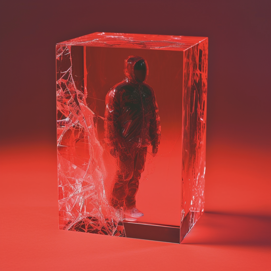 Ghostly human figure in red crystal cube