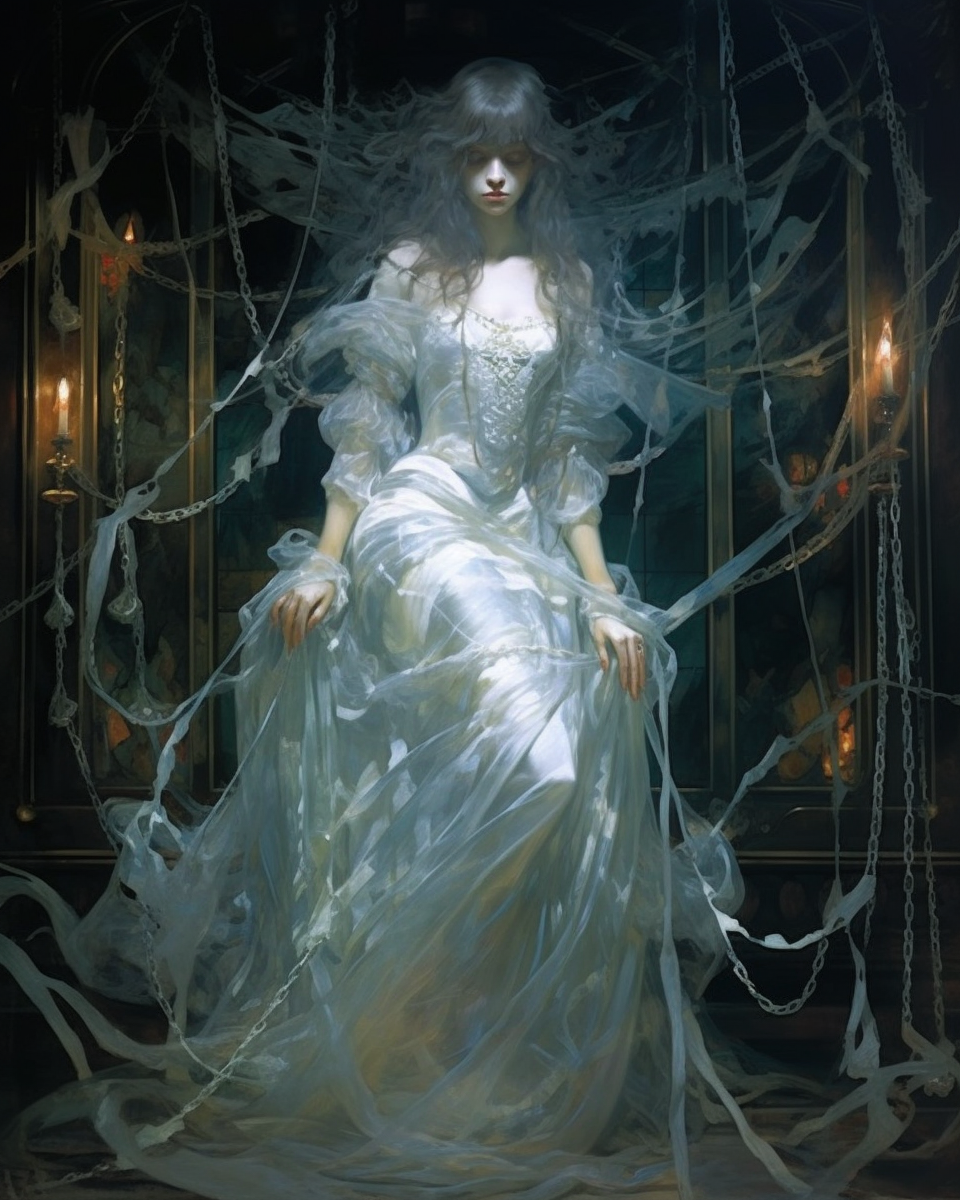 Transparent ghost woman draped in chains