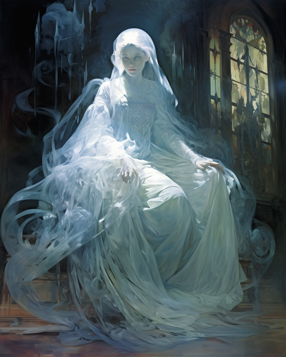 Transparent ghost woman in gauze at abandoned mansion