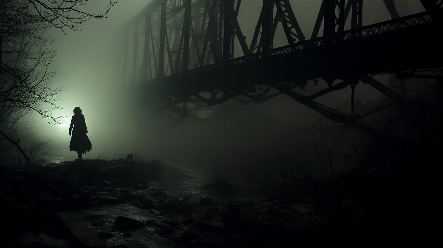 Ghostly figure on a dark and scary bridge