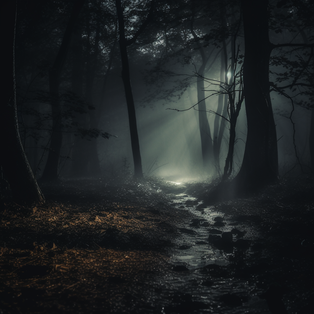 Ghostly footprints in misty forest at nighttime