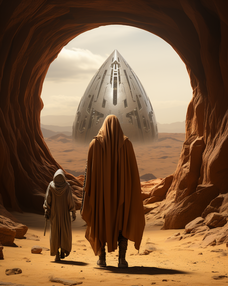 Image of Giant Alien Hourglass and Hooded Druid in Desert