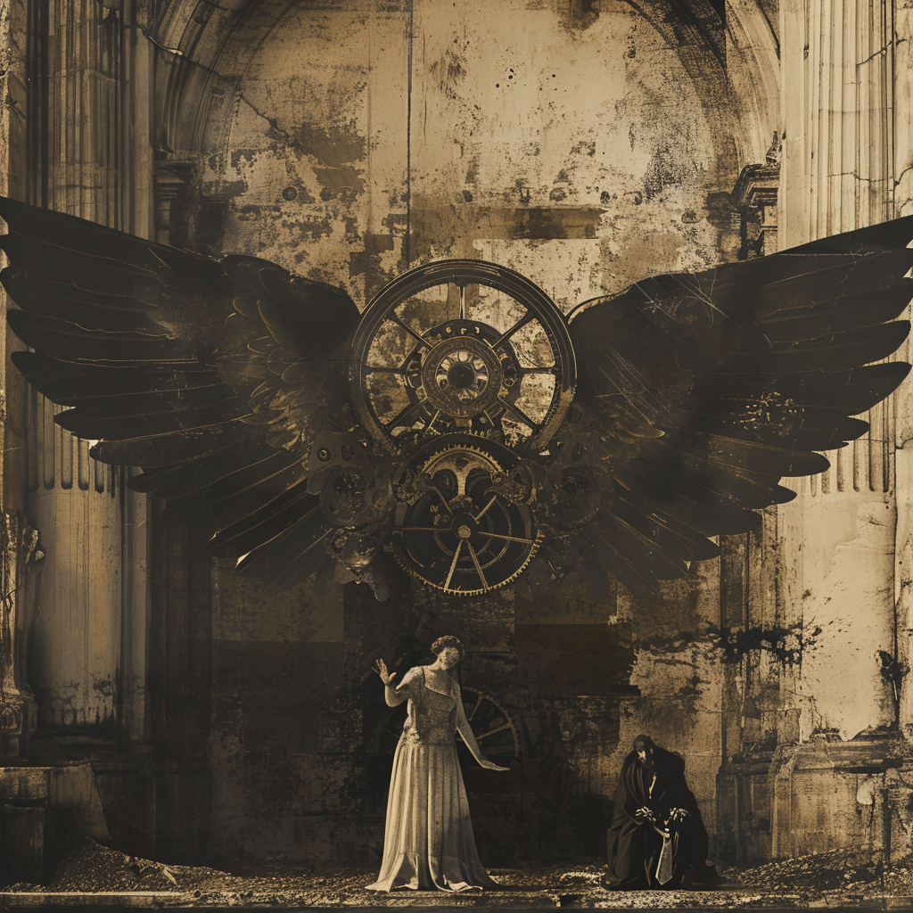 Grainy 18th Century Photography of Giant Angel with Gears