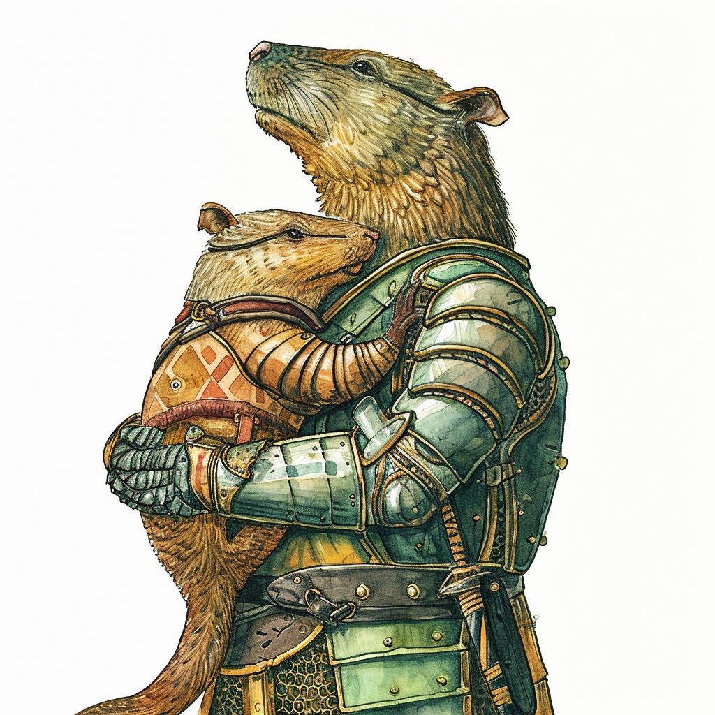 Giant Armored Beaver Holding Golden Knight Illustration