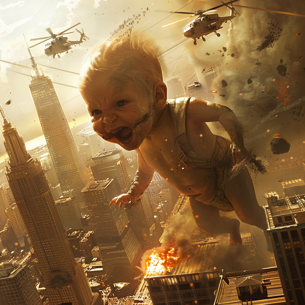 giant baby destroying tanks helicopters