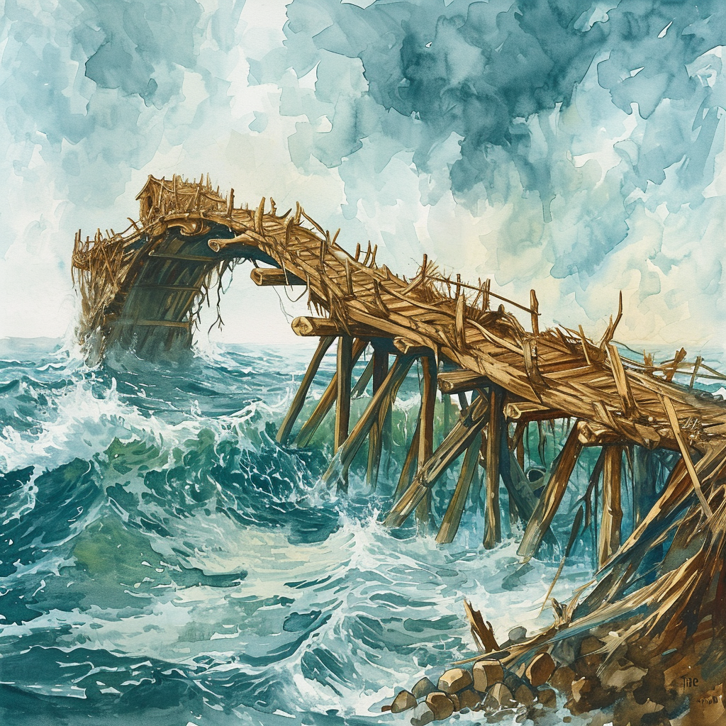 Illustration of a giant beaver dam on an ocean with a lookout bridge