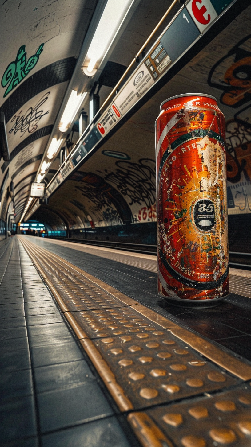 Giant beer can in subway