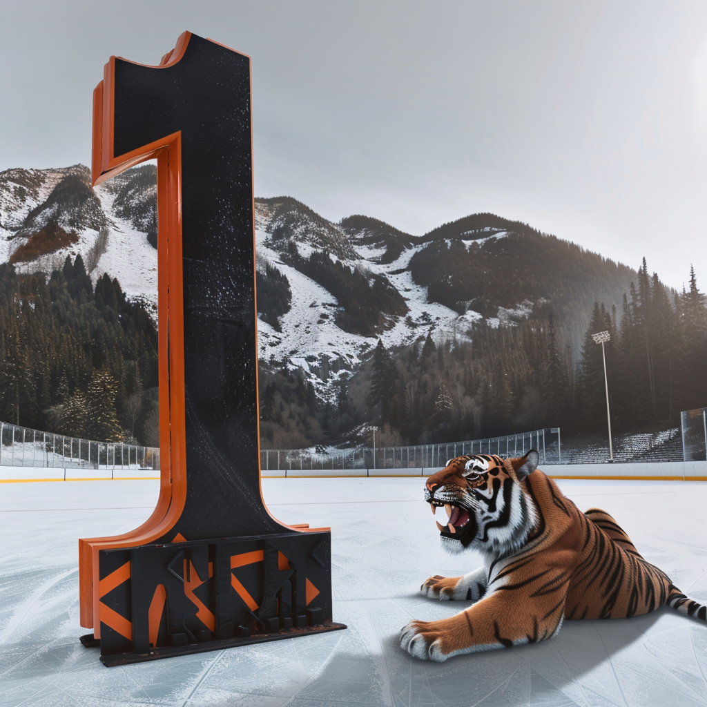 Giant black orange number 1 with tiger on ice