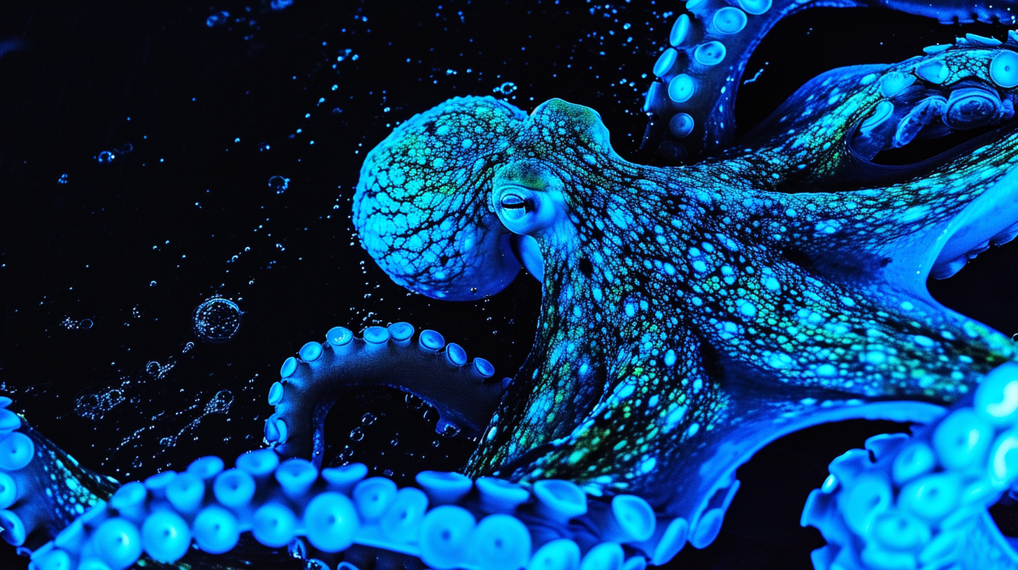 Image of a stunning giant blue phosphorescent octopus