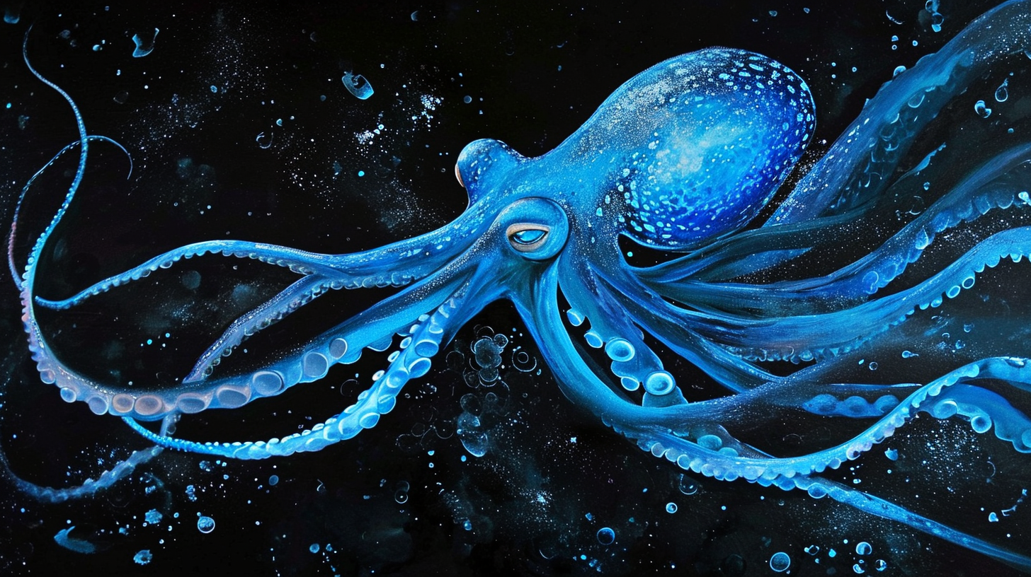 majestic blue squid in dark ink water